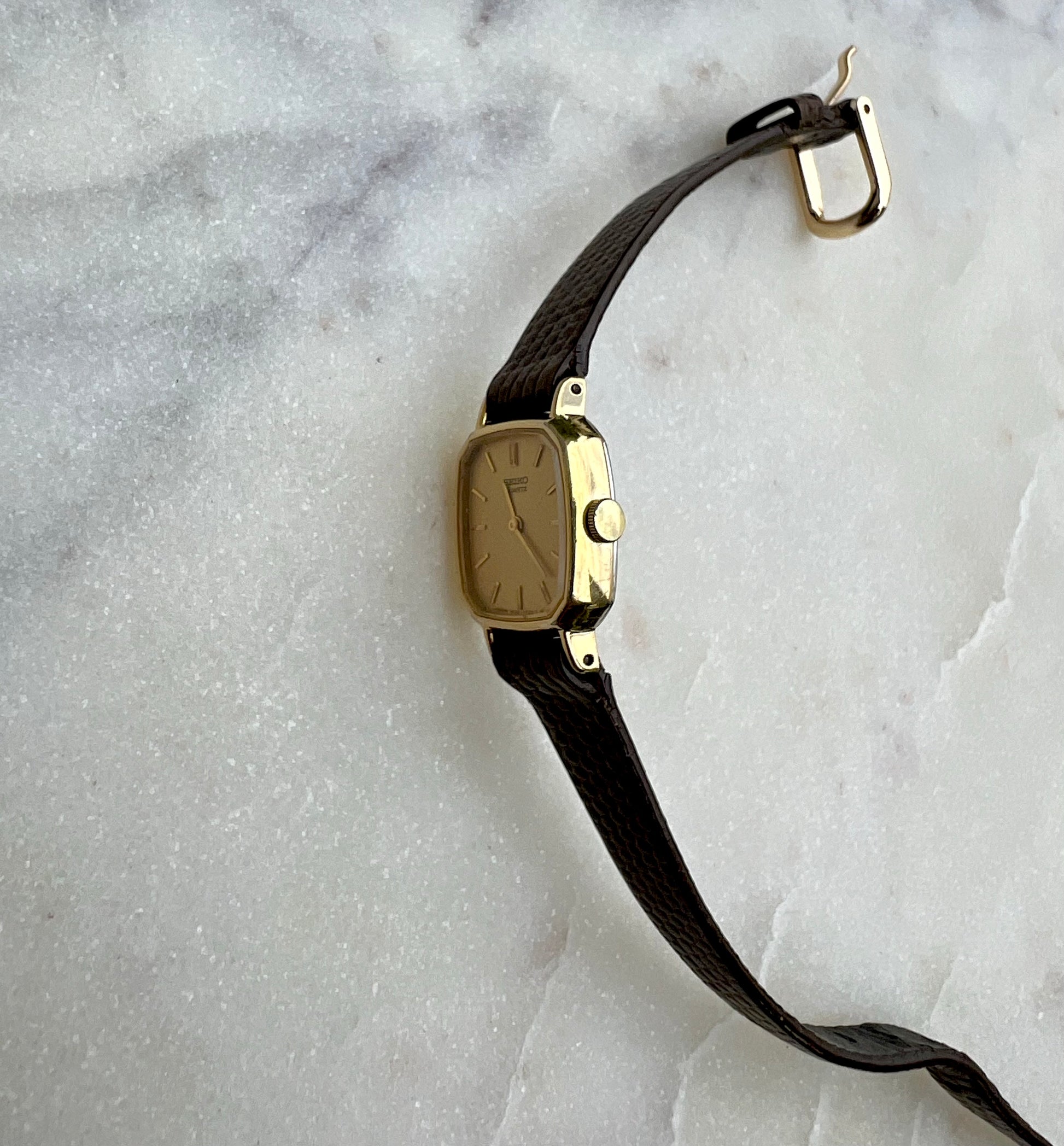 Seiko Vintage Gold Dial Gold Tone Rectangle - 10mm Brown Leather Strap - New Battery - Fits up to 6.5 wrist