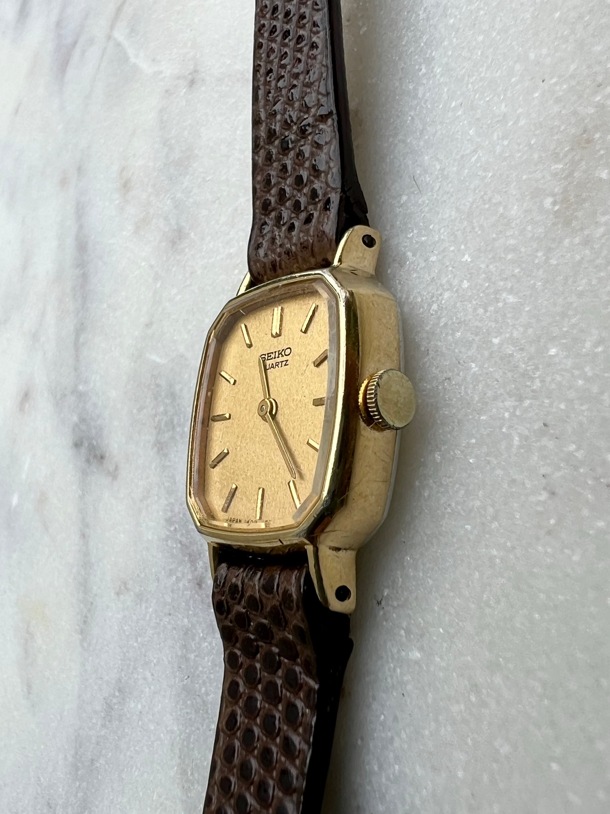 Seiko Vintage Gold Dial Gold Tone Rectangle - 10mm Brown Leather Strap - New Battery - Fits up to 6.5 wrist