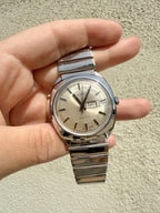 1978 Timex Electric Silver Tone & Champagne Sunburst England Dial Day Date Watch