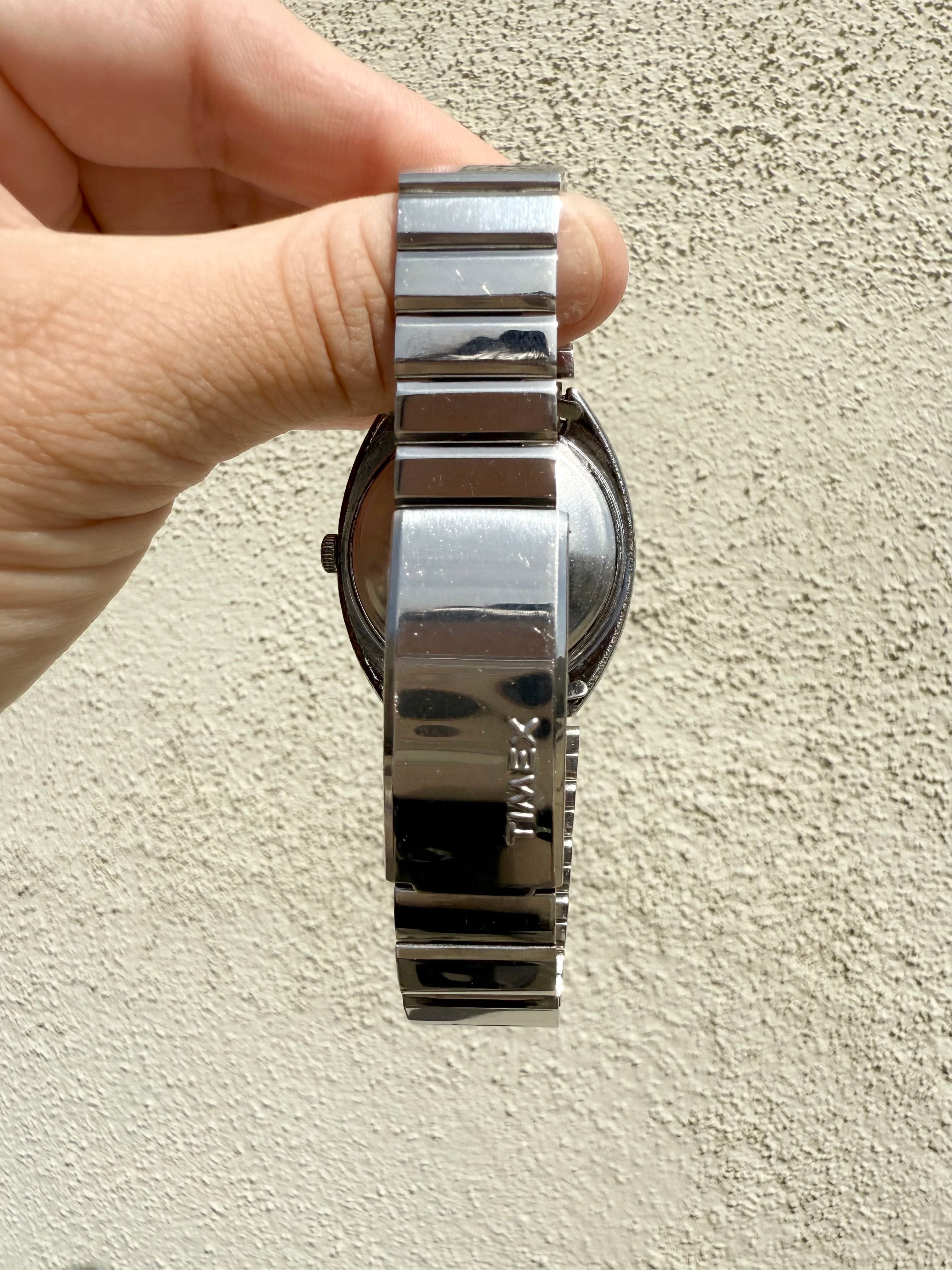 1978 Timex Electric Silver Tone & Champagne Sunburst England Dial Day Date Watch