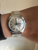 1978 Timex Electric Silver Tone & Champagne Sunburst England Dial Day Date Watch