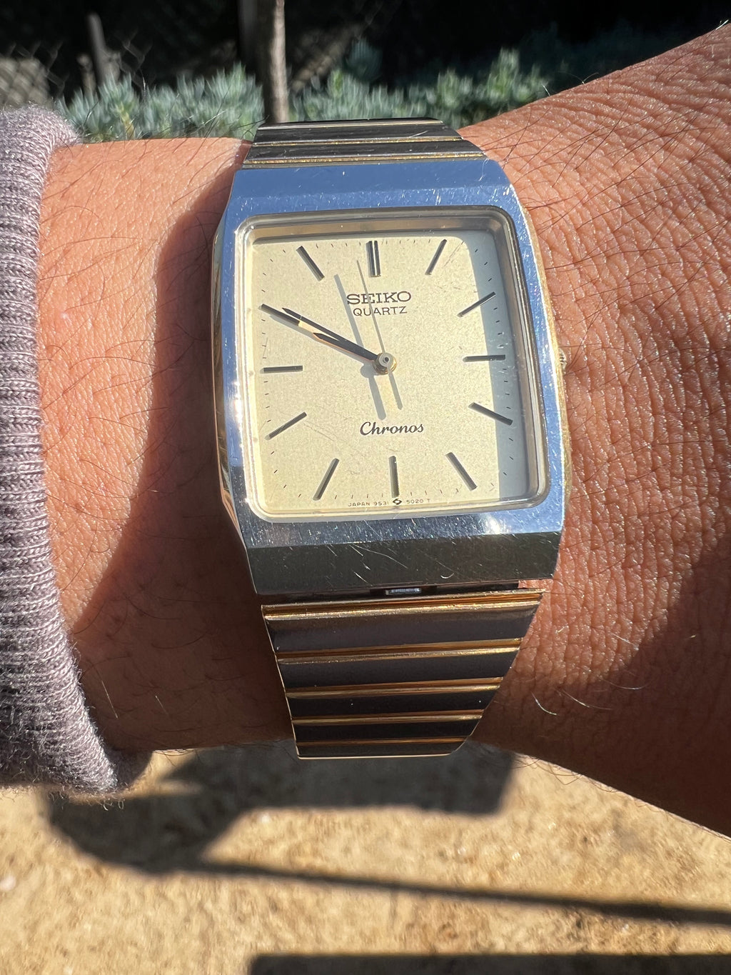 1986 Seiko Quartz Chronos Two Tone Champagne Dial Tank Watch