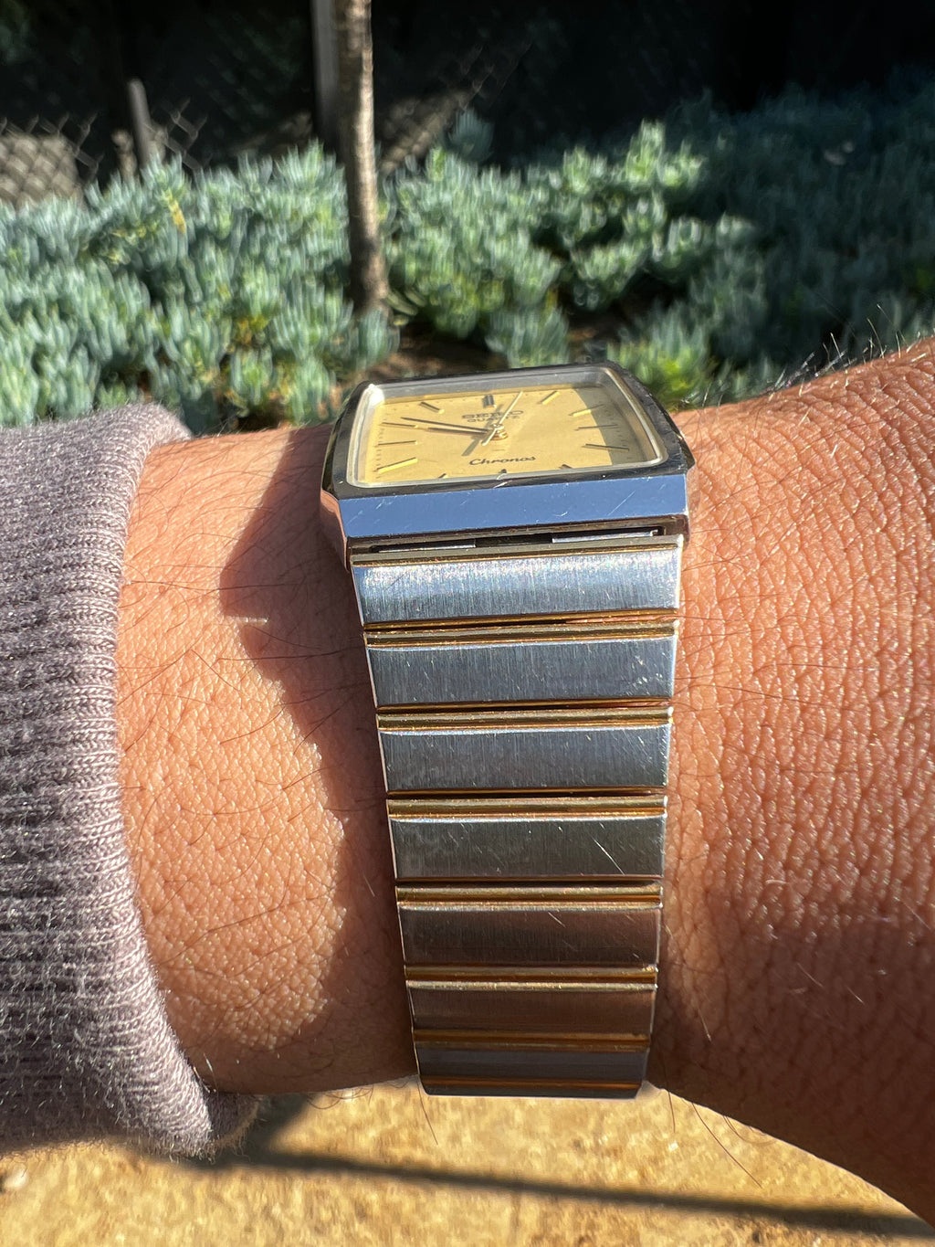 1986 Seiko Quartz Chronos Two Tone Champagne Dial Tank Watch
