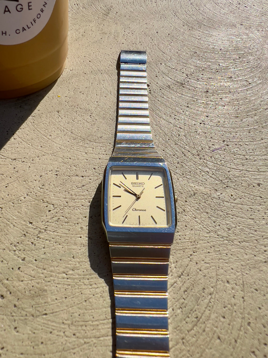 1986 Seiko Quartz Chronos Two Tone Champagne Dial Tank Watch