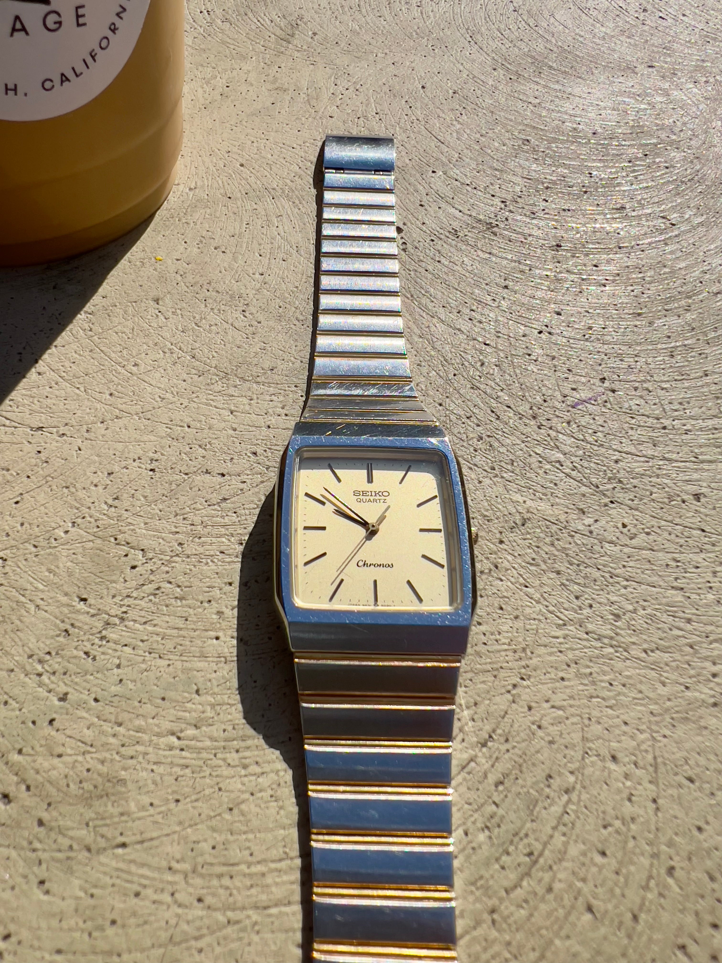1986 Seiko Quartz Chronos Two Tone Champagne Dial Tank Watch
