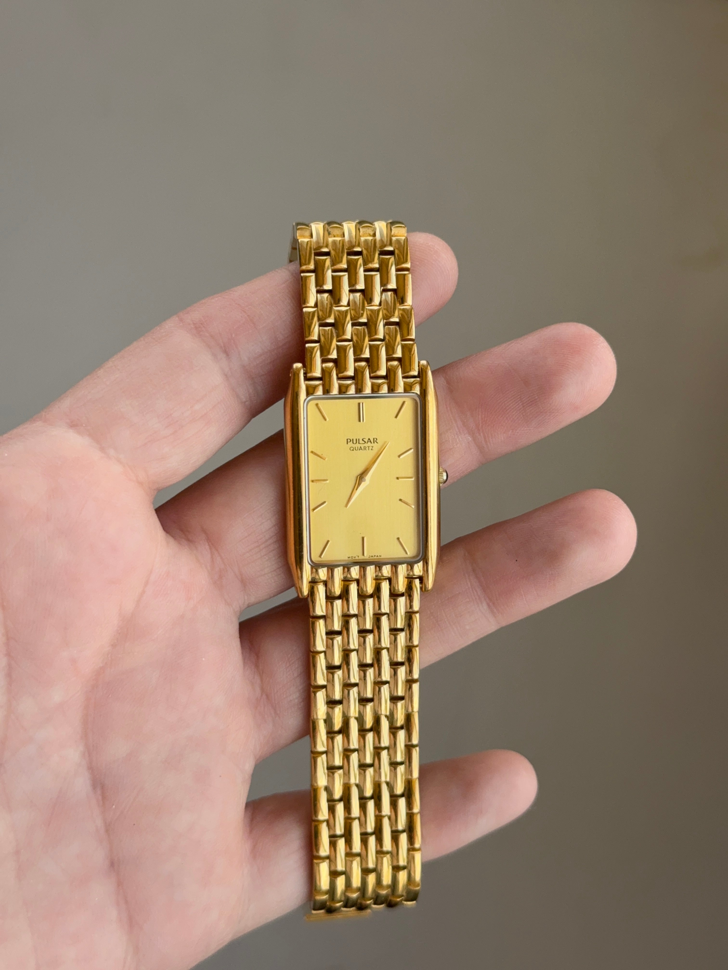 1990's Pulsar By Seiko Gold Tone Tank Watch
