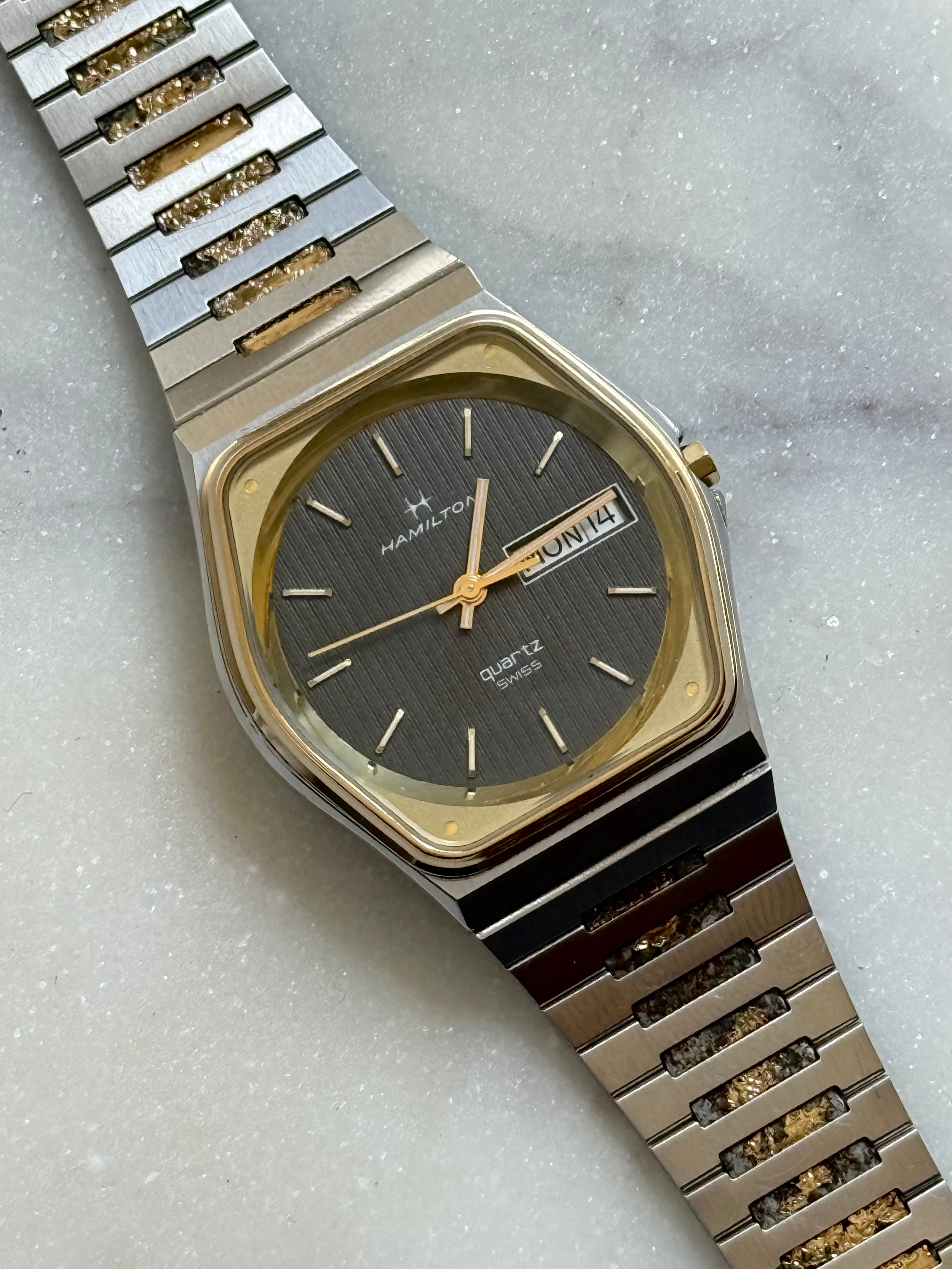 1980's Hamilton Swiss Quartz Two Tone Day Date Tonneau Watch