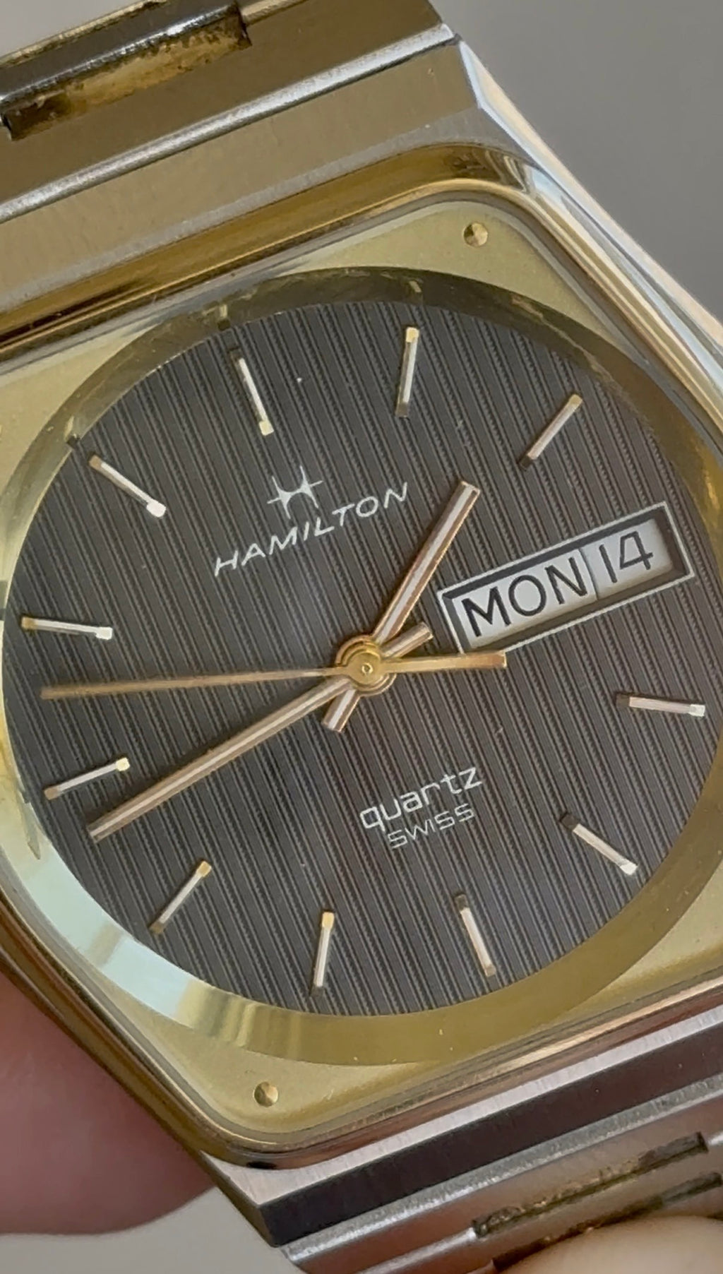 1980's Hamilton Swiss Quartz Two Tone Day Date Tonneau Watch