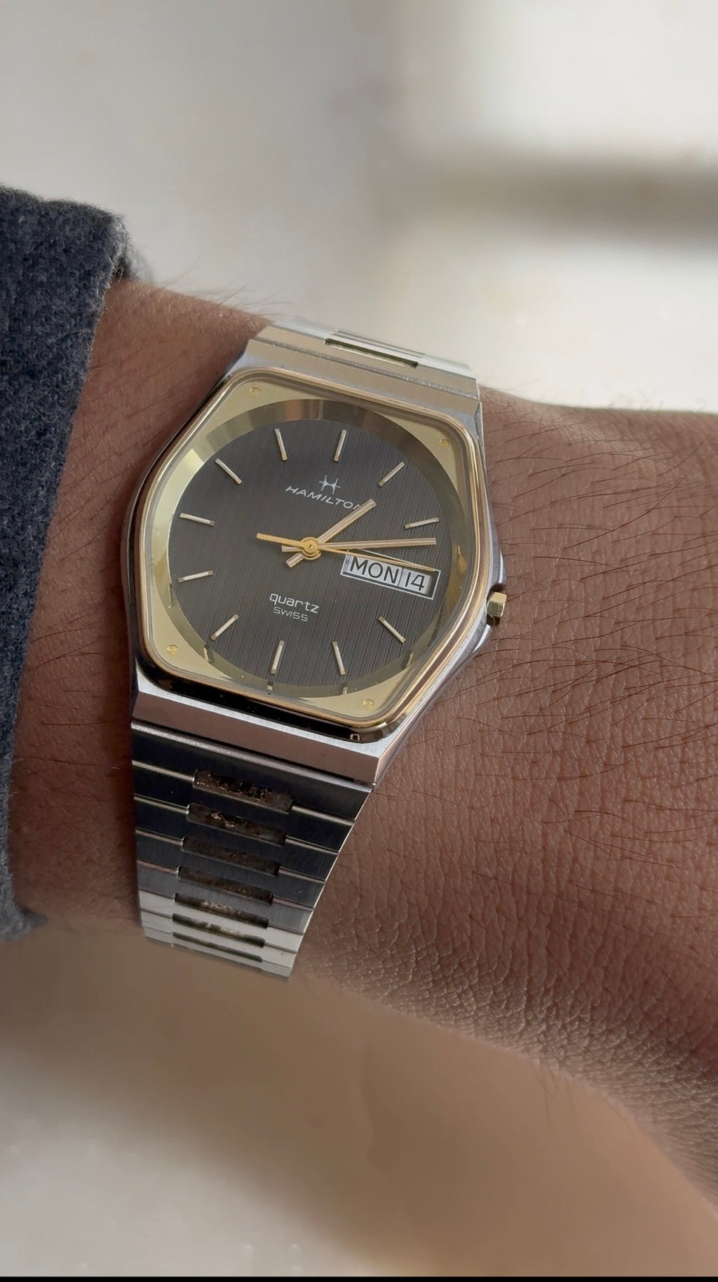 1980's Hamilton Swiss Quartz Two Tone Day Date Tonneau Watch