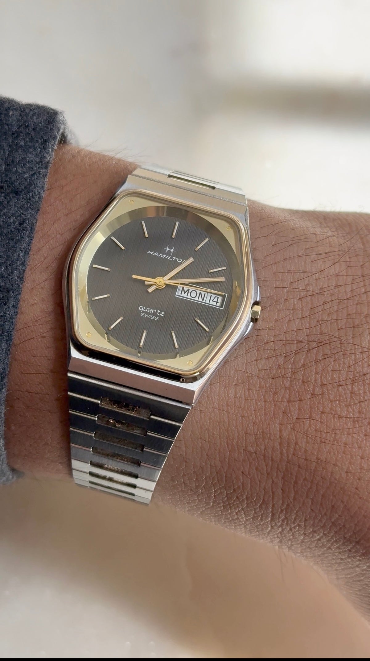 1980's Hamilton Swiss Quartz Two Tone Day Date Tonneau Watch