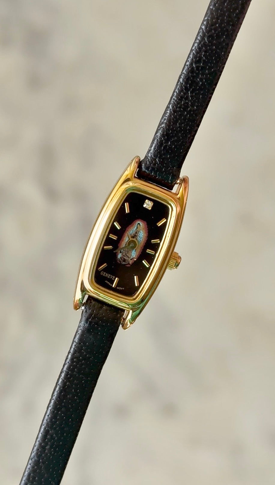 1990's Geneve Quartz "La Virgen De Guadalupe" Gold Tone Tonneau Tank Watch