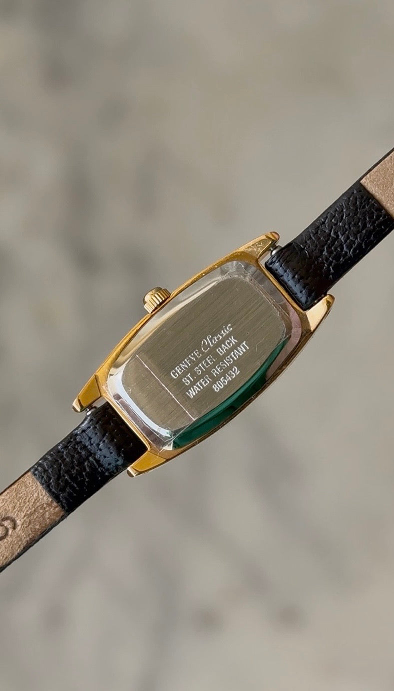 1990's Geneve Quartz "La Virgen De Guadalupe" Gold Tone Tonneau Tank Watch