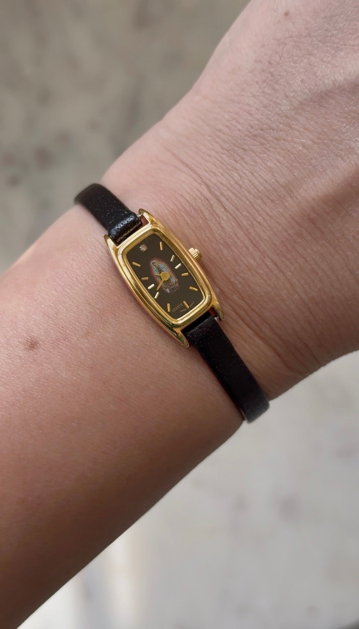 1990's Geneve Quartz "La Virgen De Guadalupe" Gold Tone Tonneau Tank Watch