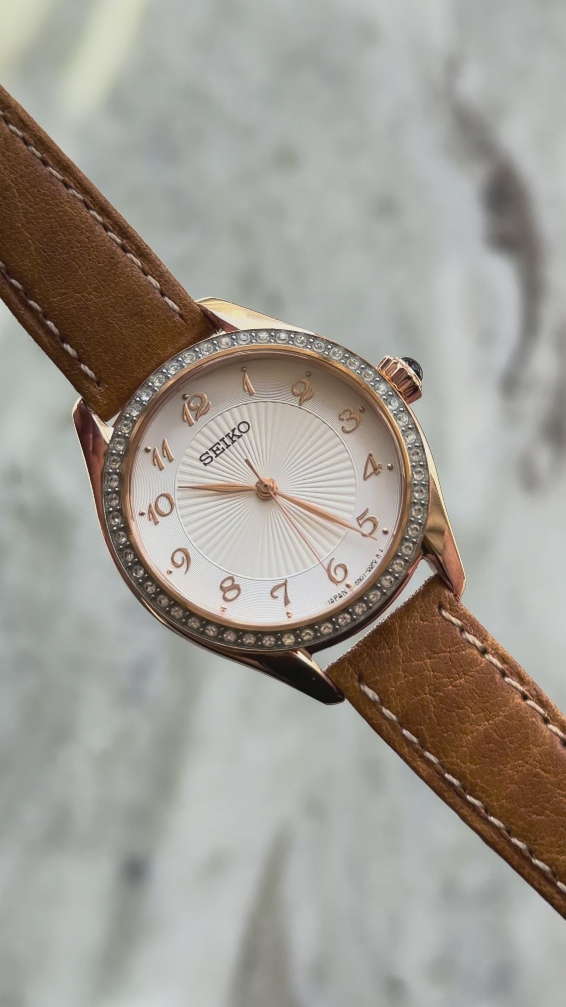 Seiko Essentials Rose Gold Tone Crystal Bezel Watch