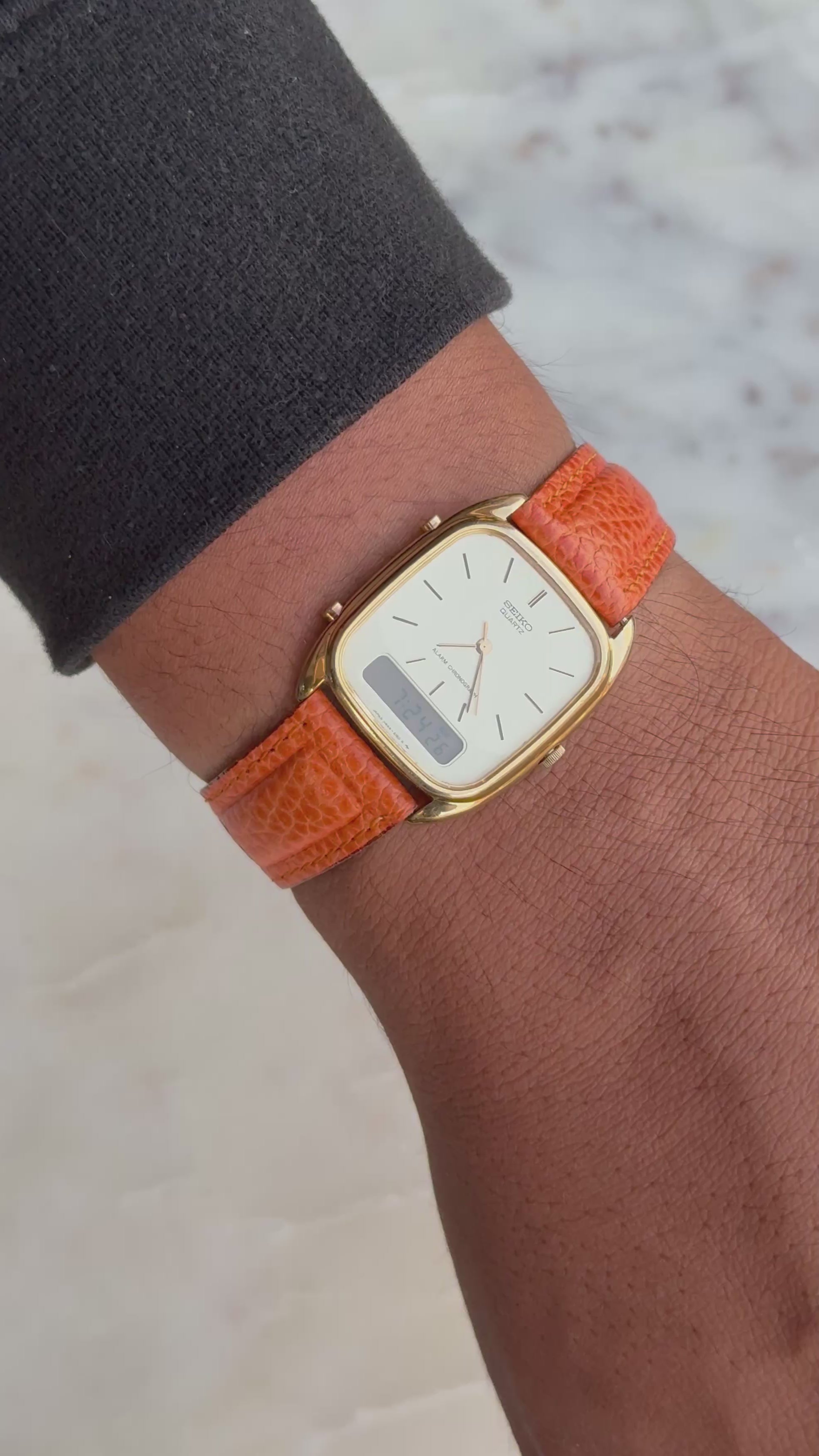 1983 Seiko Quartz Gold Plated Alarm Chronograph Tonneau Ana-Digi Watch
