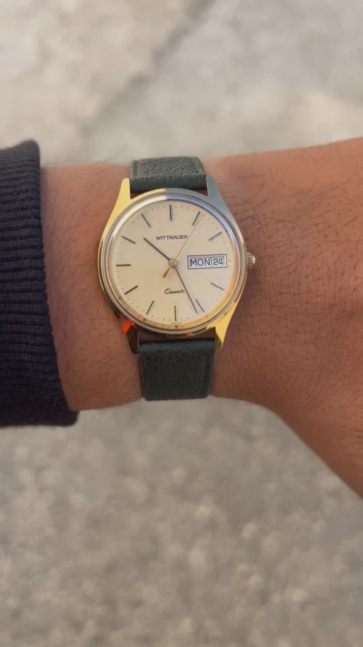 1980’s Wittnauer-Longines Quartz Gold Tone Day Date Swiss Watch